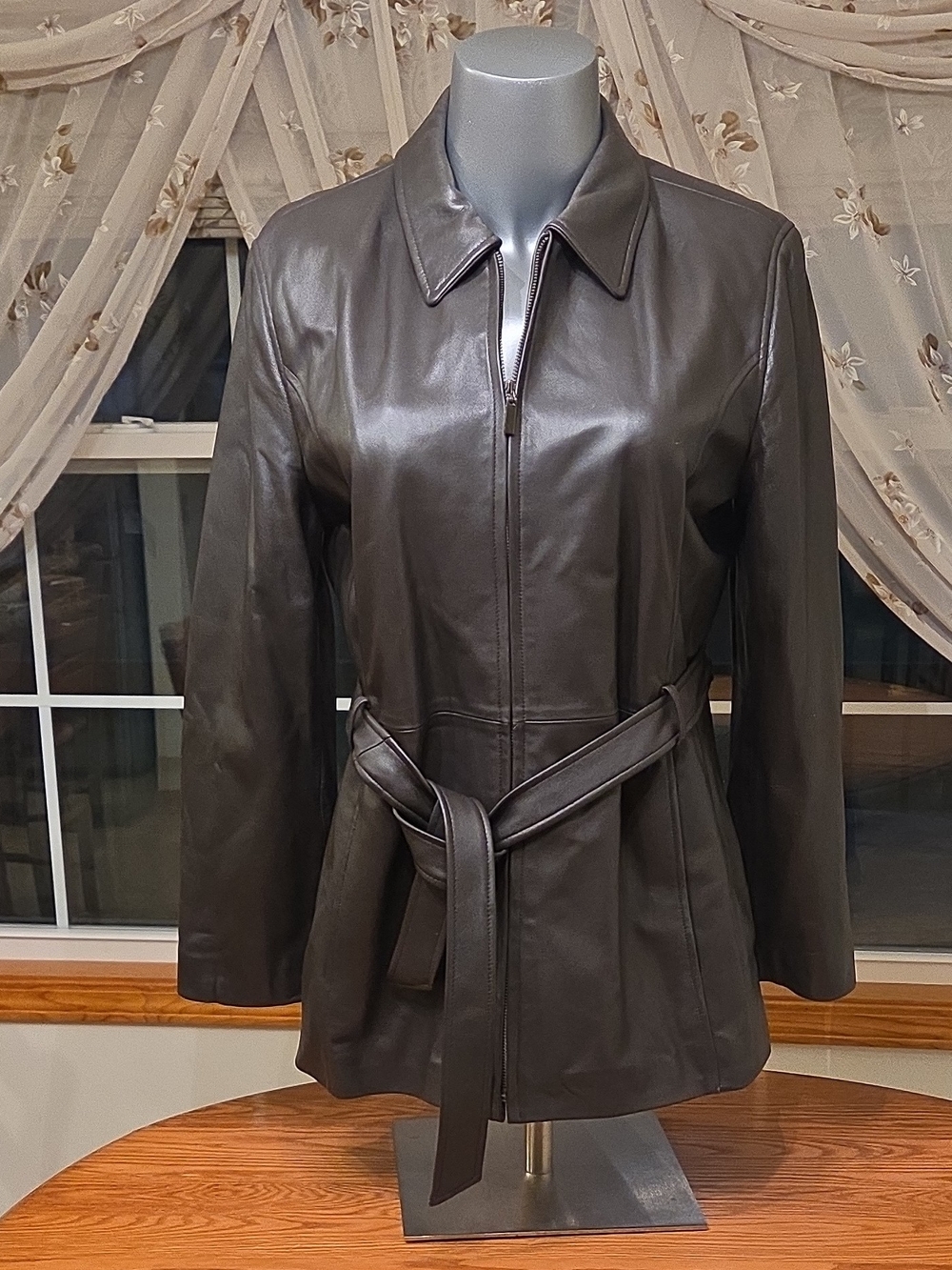 Valerie Stevens Dark Brown Leather Belted Jacket S Large